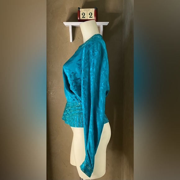 Michelle Stuart silk blouse glass beaded green silk long dolman sleeve size 8 - Picture 3 of 16